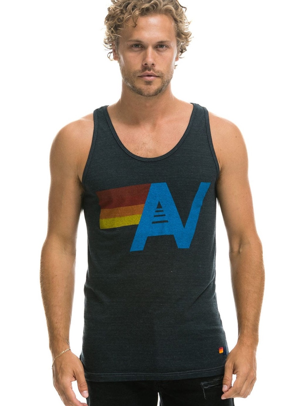 Aviator Nation Men's Charcoal GreyGraphic Tank Top with Blue 'A' Logo - M